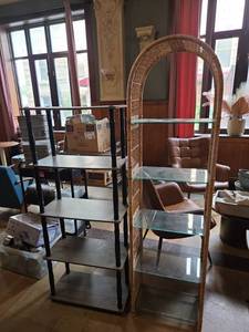 lot 8739 image: Woven Rattan Arch Display Shelving Unit w Glass Shelves and Grey Wooden 5 Teir Shelving