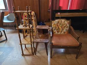 lot 8743 image: Armchair w Floral Upholstery, Wooden Side Table and Wooden Brew Tower