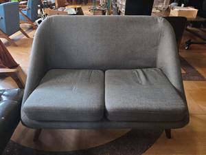 lot 8749 image: Gray Upholstered 2-Seat Lounge Sofa w Wood Legs