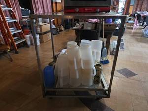 lot 8750 image: Restaurant Supply Cart with Plastic Pitchers and Accessories