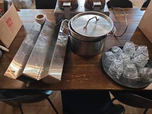 lot 8753 image: Lot of Glass Cups, Metal Shelf & Metal Cooking Pots