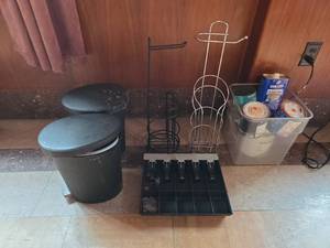 lot 8757 image: Toilet Paper Holders, Small Trash Cans, Paint & Varnish Stripper, and More