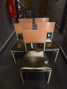 lot 8763 image: Metal Chairs with Pink Wooden Backs and Padded Seats - Set of 5