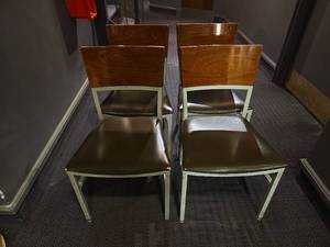 lot 8762 image: Metal Chairs with Wooden Backs and Padded Seats - Set of 4