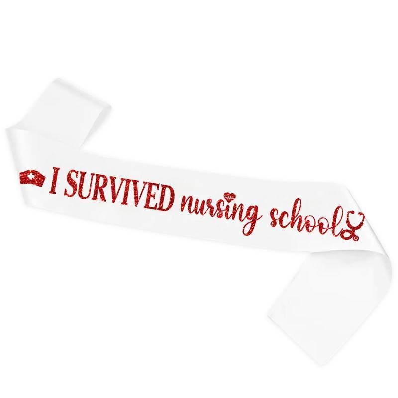 lot 73213 image: I Survived Nursing School White Satin Sash - Red Glitter Class of 2026 Nurse Graduation Party Gift - Congrats Nurse RN, Nursing School Graduation Party Accessories - Retail $8