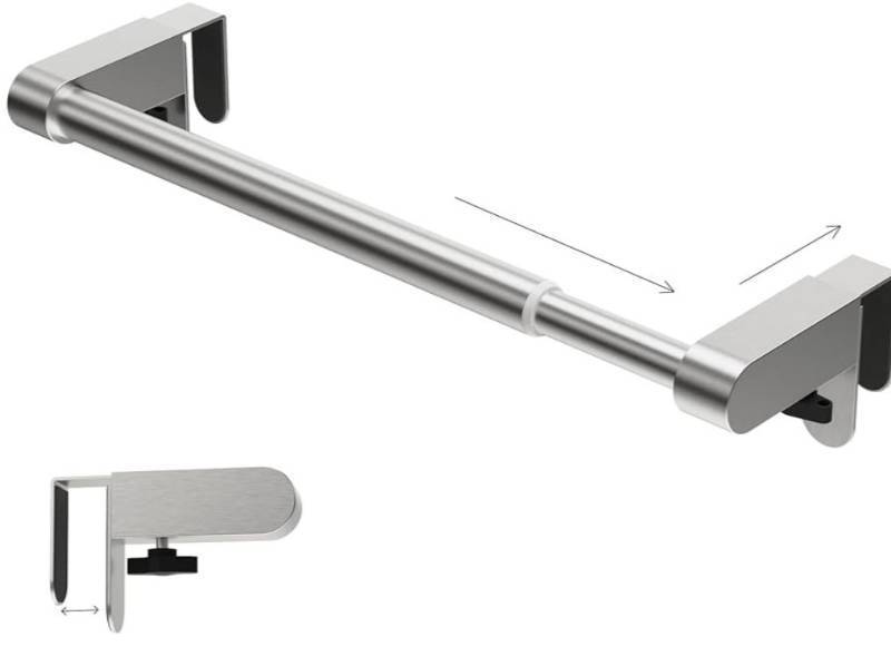 lot 27560 image: Retractable Kitchen Towel Holder, Hand Screwed Telescopic Over The Door Towel Rack with Hooks Adjustable to Cabinet Door Thickness, with EVA Foam Pad, L10.317 X W2.75 X H2.36 inches (Silver) - Retail $16
