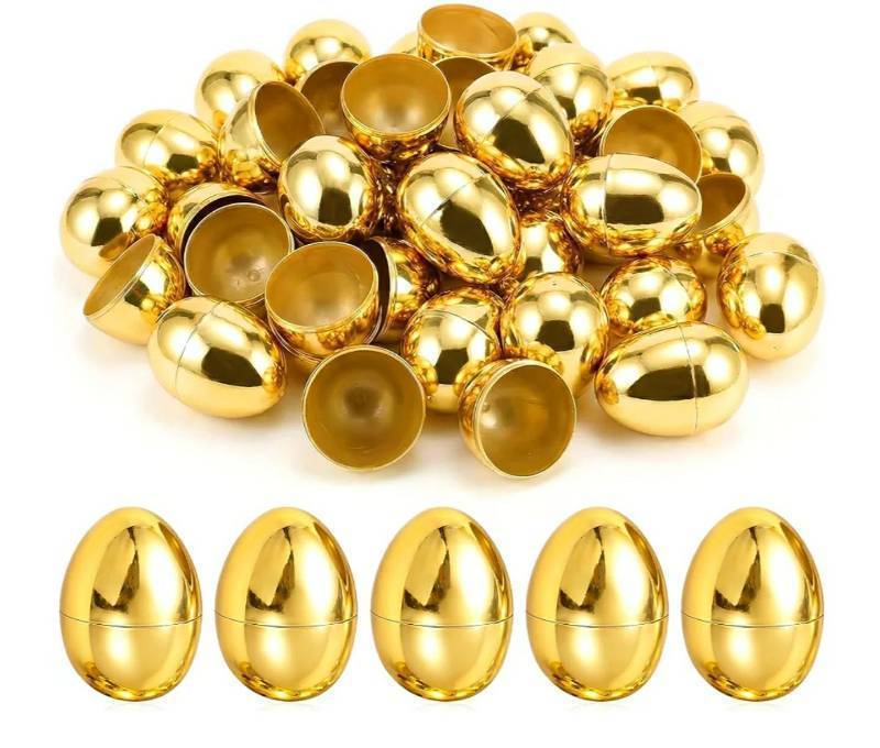 lot 46621 image: 12 Pack Golden Plastic Easter Eggs, 2.3 Inch Fillable Eggs for Easter Egg Hunt, Metallic Plastic Empty Egg Shiny Metallic Party Favors & Basket Stuffers Holiday Decorations (Set of 12)