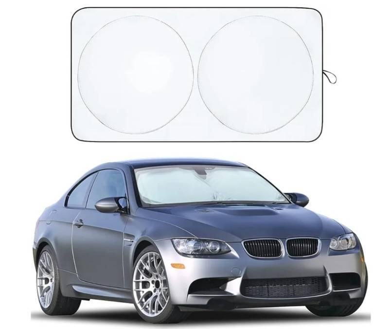 lot 57653 image: Car Windshield Sunshade  Blocks 99% Heat & Keeps Interior Cool  Universal Fits Cars, SUVs, Trucks  Automotive Sun Screen, Visor & Car Accessories for Summer  Medium (64x32 Inches) - Retail $15