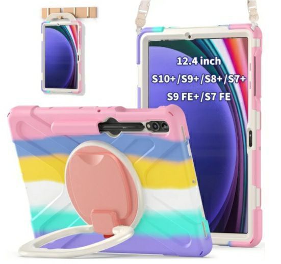 lot 17232 image: Case for Samsung Galaxy Tab S10 PlusS9 PlusS9 FE PlusS8 PlusS7 PlusS7 FE 12.4 inch, Heavy Duty Protective Tablet Cover with S Pencil Holder, 360°Rotating Stand & Strap, Rainbow - Retail $40