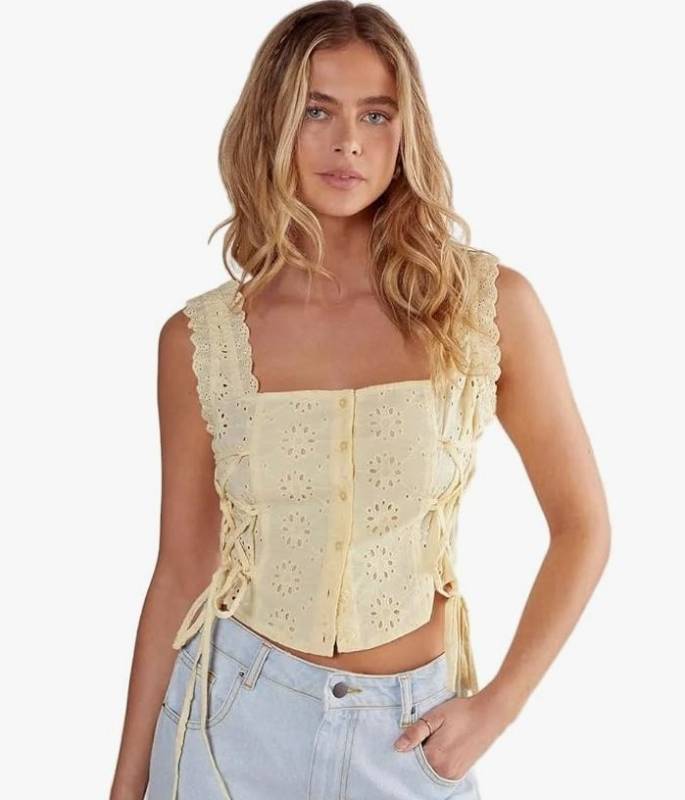 lot 27853 image: Nasty Gal Womens Soft Corset Broderie Lace Up Side Top, Size 4. - Retail $14