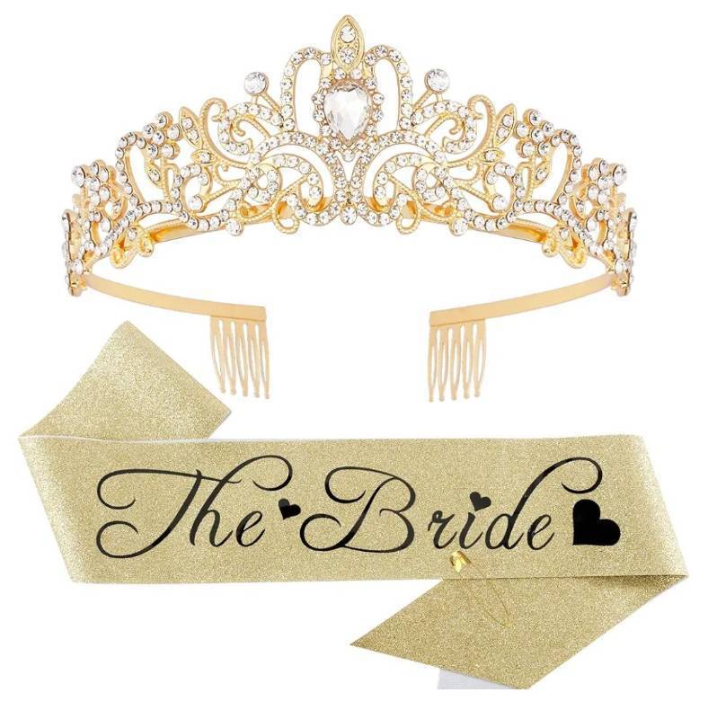 lot 38102 image: Gold Bride to Be Sash & Tiara Kit, Bachelorette Party Decorations, Bride Sash, Bachelorette Sash, Bride Sash for Bridal Shower, Bachelorette Sash and Tiara for Bridal Party Wedding Shower - Retail $6