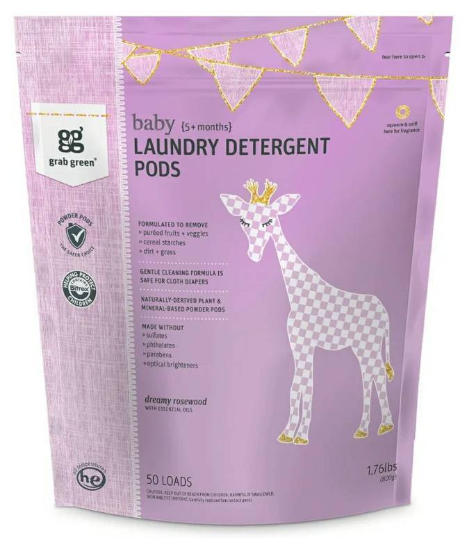 lot 27708 image: Grab Green Baby Laundry Detergent Pods, 50 Count, Dreamy Rosewood, Plant and Mineral Based, Formulated to Tackle Growing Baby. BAG OPENED, COUNT UNKNOWN. - Retail $19