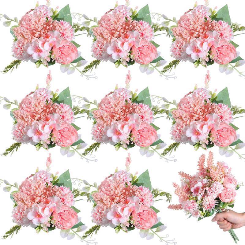 lot 63868 image: 8 Pcs 13.4 Inch Artificial Flowers Bouquet Fake Silk Flowers Faux Bouquet Hydrangea Bouquets for Wedding Birthday Table Centerpieces Home Office Decoration (Peony,Pink) - Retail $32