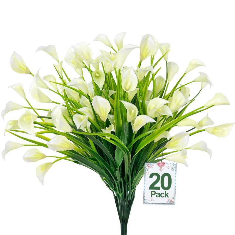lot 63907 image: 20 Bundles Calla Lily (400 Heads) Artificial Flowers for Outdoors, Fake Plants UV Resistant Faux Plastic Fake Flowers for Indoor Planter Home Porch Yard Spring Summer Cemetery Decor(White) - Retail $18