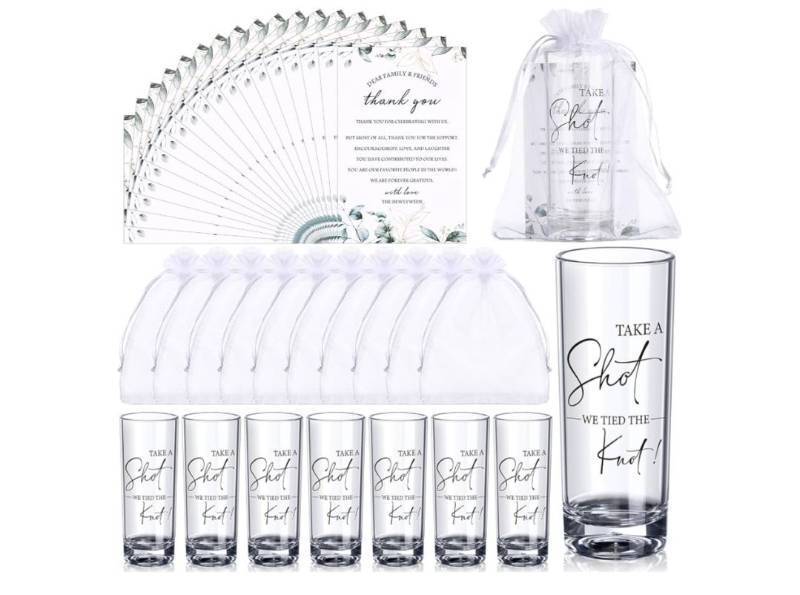 lot 63917 image: Wedding Favors for Guests Bulk 2oz Acrylic Take a Shot We Tied the Knot Shot Glasses with Thank You Cards Organza Bags for Guest Souvenir Wedding Bridal Shower Gifts. COUNT UNKNOWN, NEAR 100CT. - Retail $70