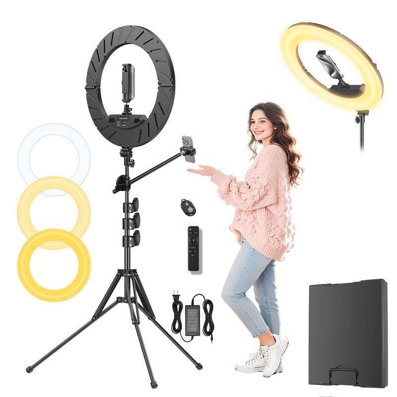 lot 63947 image: Ring Light 18 with Stand, 55w 6700K LED Light,63 Tripod,Multi-Angle Adjustable Phone Stand, for iPhone and Android Phones, CRI95, Suitable for YouTube, TikTok, Selfies (Black, 18) - Retail $73