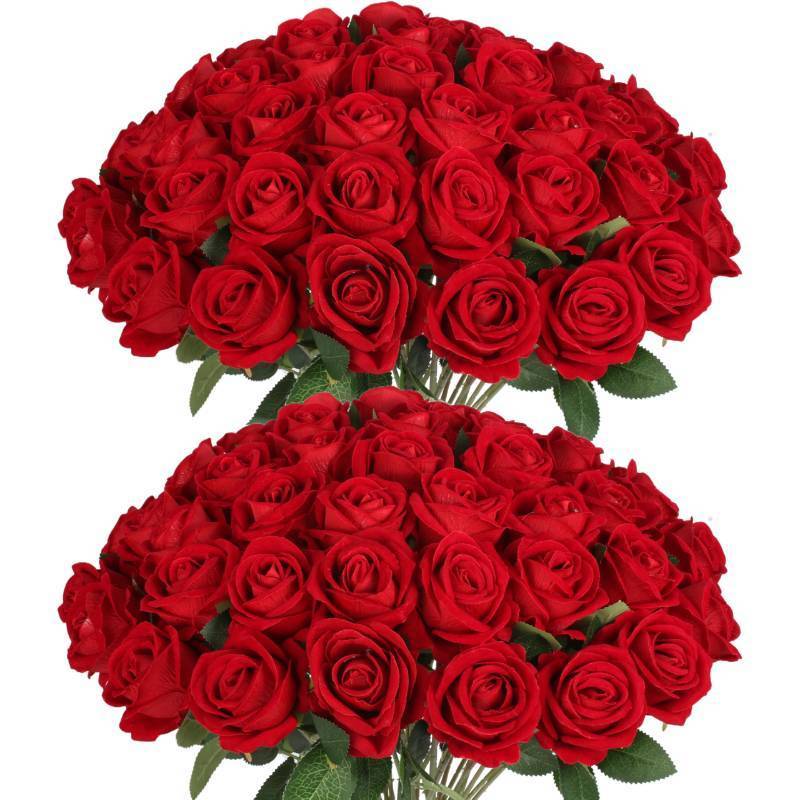 lot 64019 image: 50 PCS Fake Red Roses, Artificial Red Flowers Bulk Realistic Silk Faux Rose with Stems for Wedding Decoration Anniversary Bridal Bouquet DIY Floral Arrangement Romantic Home Decor Gifts - Retail $30