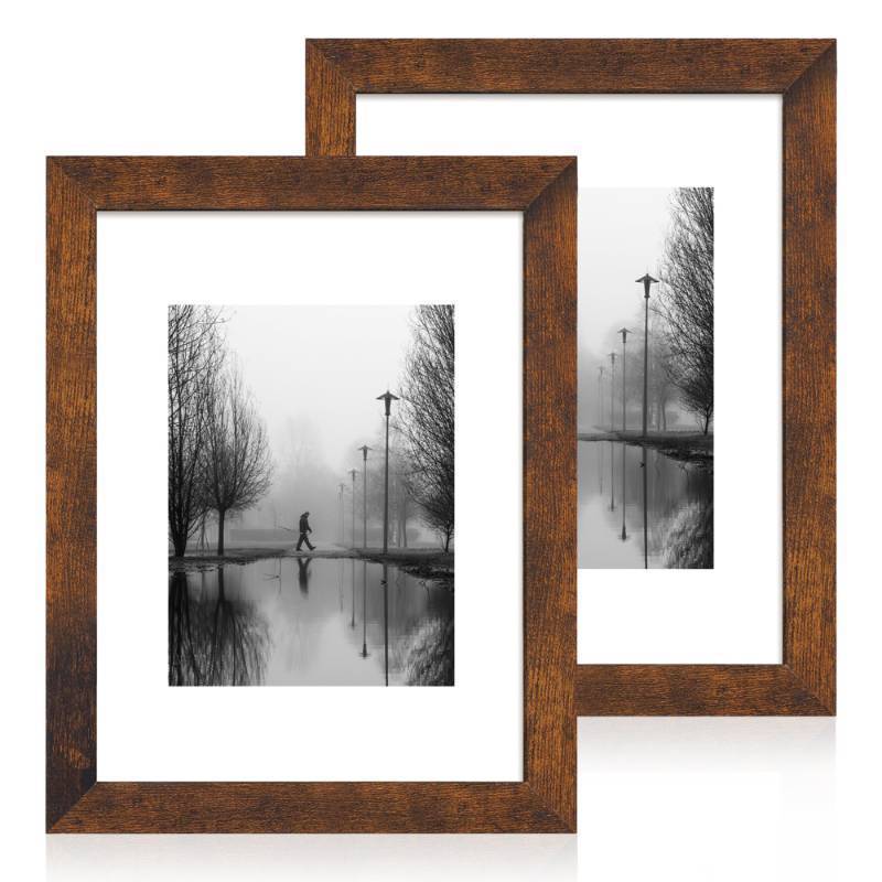 lot 64035 image: 9x12 Picture Frame with Mat 6x8 - High Definition Tempered Glass Wooden Photo Frames for Tabletop Display and Wall Mounting (Dark Brown, Set of 2) - Retail $22