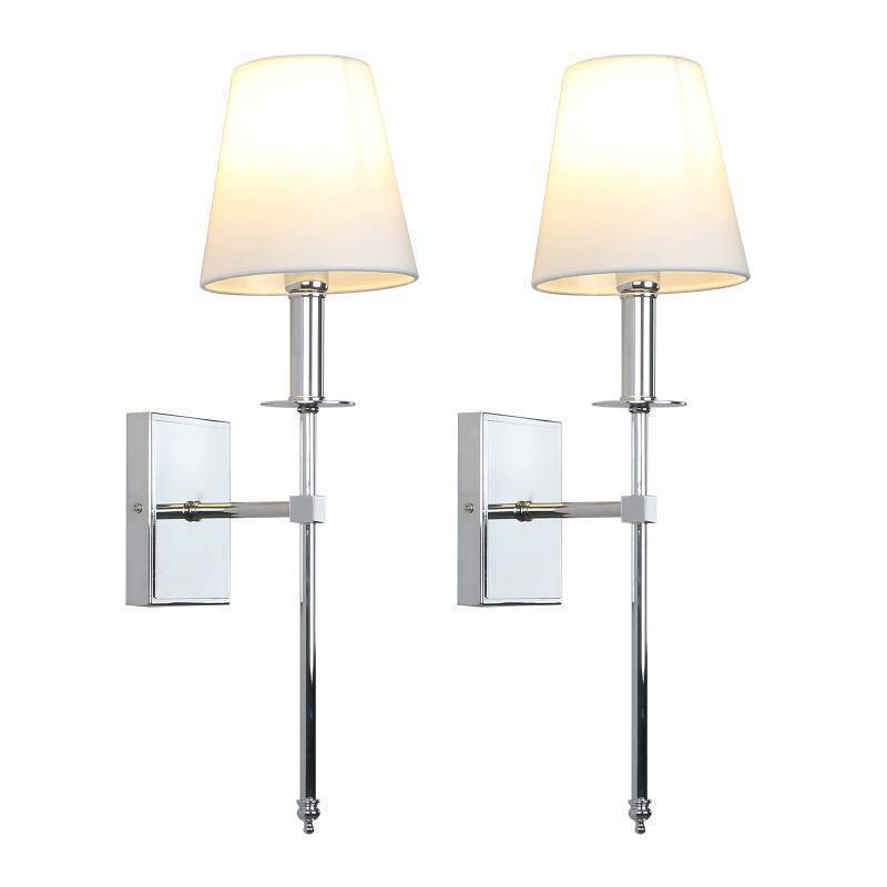 lot 26596 image: Set of 2 Classic Rustic Industrial Wall Sconce Lighting Fixture with Flared White Textile Lamp Shade and Chrome Tapered Column Stand, Hardwired, E26 Base - Retail $116
