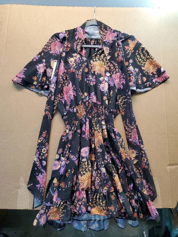 lot 27691 image: Black Floral Print Mini Dress with Smocked Waist S - Retail $35