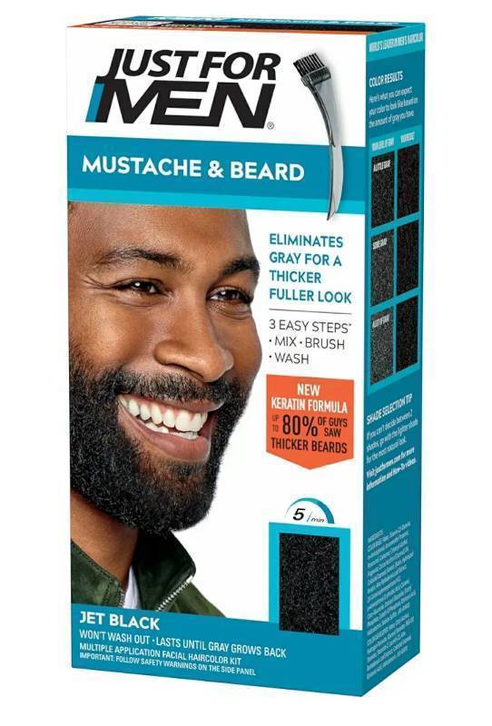 lot 27722 image: Just For Men Mustache & Beard Multiple Uses Beard Coloring for Gray Hair with Brush, With Keratin Biotin Aloe and Coconut Oil for Healthy Facial Hair - Jet Black, M-60 - Retail $12