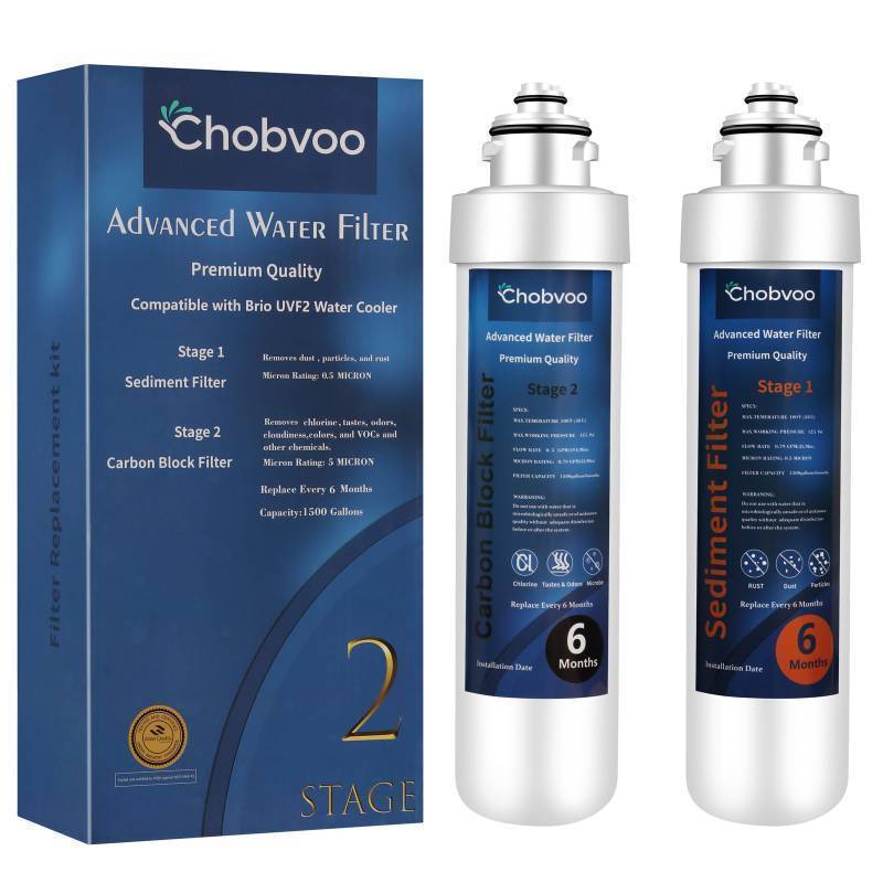 lot 34887 image: 2 Stage Water Filter Replacement for Brio NFMCTO5MS2 and NFMPP5M, Compatible with The UVF2 Series Models of Brio Bottleless Water Cooler Dispensers, 1500 Gallons, Leak-free, 2 Counts - Retail $59