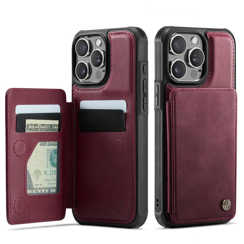 lot 35994 image: iPhone 15 Pro Wallet Case with Card Holder, RFID Blocking Credit Slots Kickstand Shockproof Phone Cover Fit for iPhone 15 Pro 6.1 Burgundy - Retail $20
