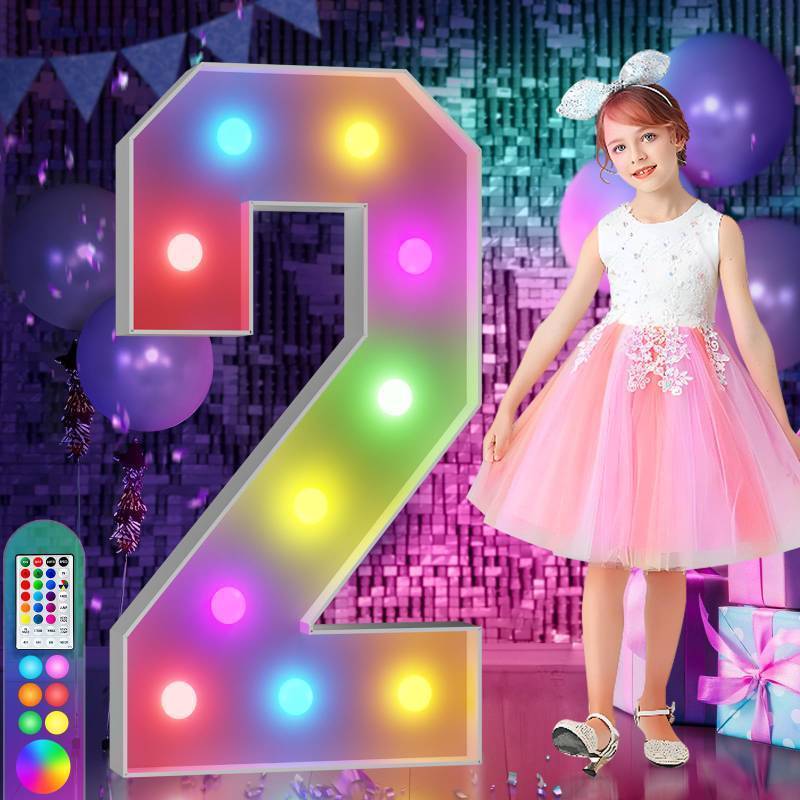 lot 58725 image: 4FT Colorful Marquee Numbers,18 Colors with Remote, Light Up Numbers 2 for 12th 21st Birthday Decorations Anniversary Party Decor, Pre-Cut Foam Board Kit, Mosaic Sign for Balloon - Retail $40