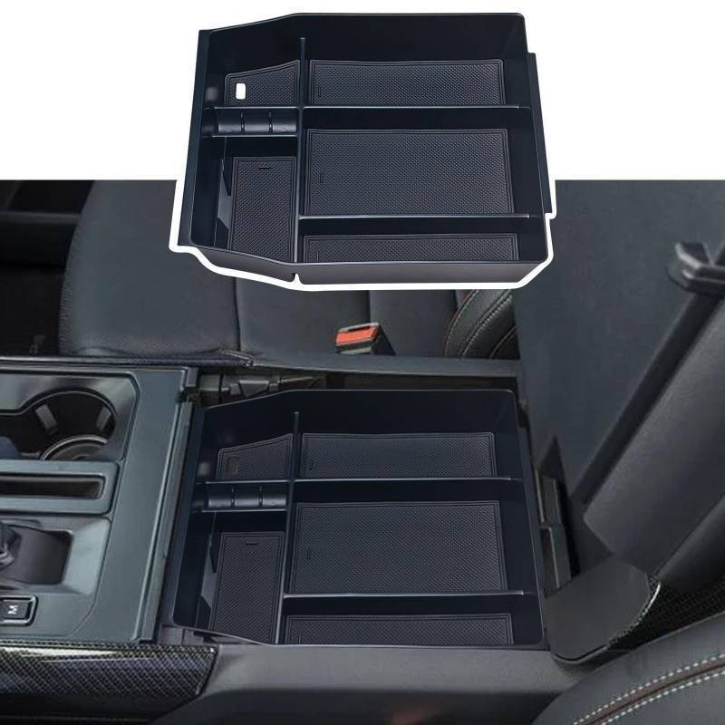 lot 58733 image: Center Console Organizer Compatible with 2021 2022 2023 2024 Ford F150 Interior Accessories, Armrest Box Insert Storage Tray (Full Console wBucket Seats ONLY) Missing One Rubber Mat. - Retail $25