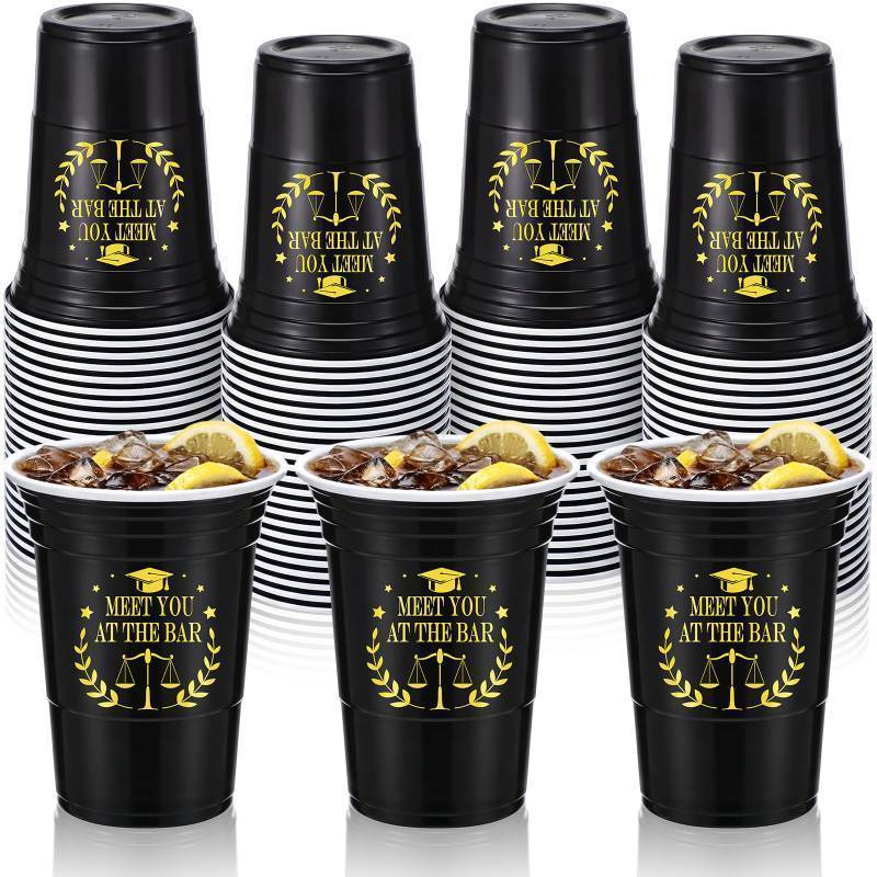 lot 58743 image: 100 Pcs Law School Graduation Plastic Cups Bulk Party Supplies Meet You at The Bar Black Gold Disposable Plastic Cups for Law School Criminal Justice Lawyer Grad Grade, 16OZ