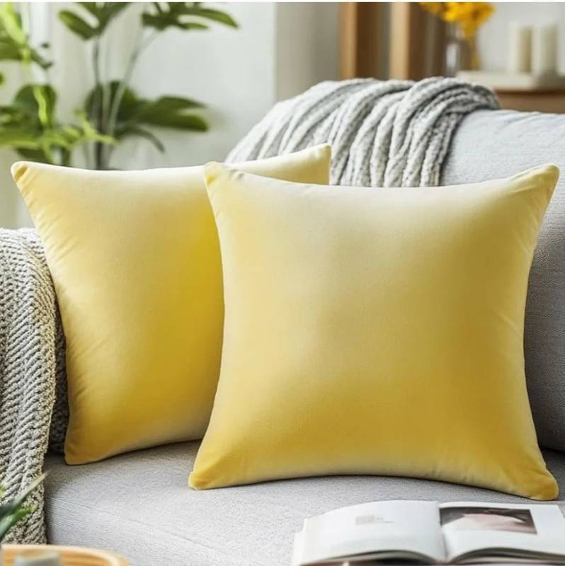 lot 62885 image: Yellow Velvet Pillow Covers 22x22 Inch Set of 2, Soft Solid Decorative Square Throw Pillow Covers, Decor Cushion Covers for Bed Sofa Couch Bedroom Living Room - Spring Summer Light Lemon - Retail $20