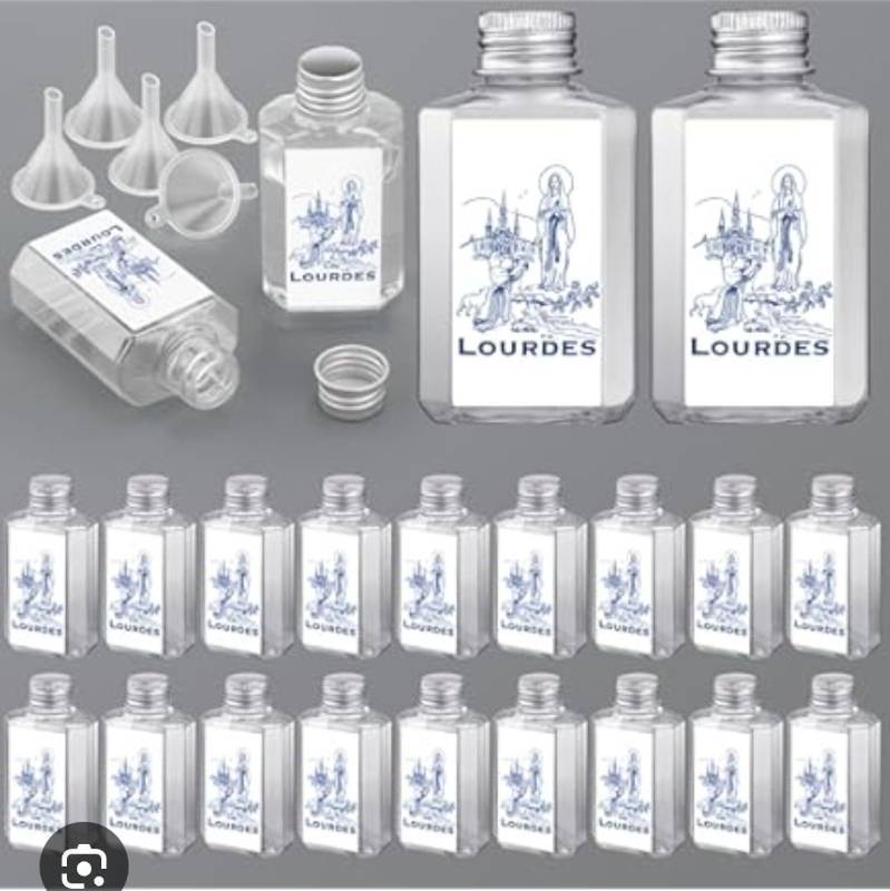 lot 63536 image: 20 Pcs Holy Water Bottles with 5 Pcs Funnels 2 oz Our Lady of Bottles Holy Water Empty Container for Catholic Christian Church Communion Gift Baptism - Retail $31