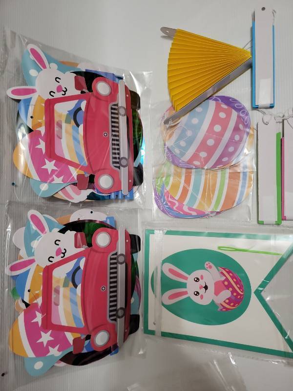 lot 63563 image: Easter Decorations for Home Happy Easter Banner, Egg Bunny Home Party Office School Spring Holiday Celebrations - Retail $7
