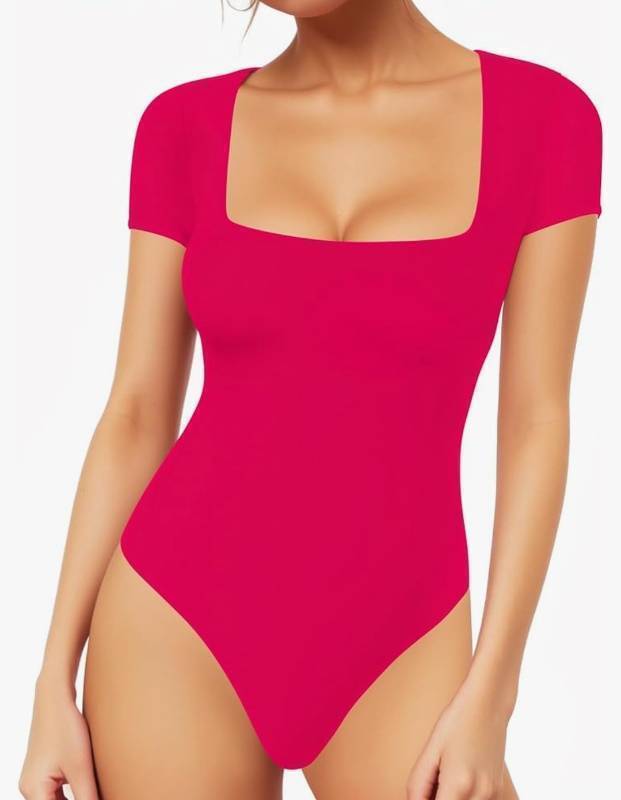 lot 63639 image: Womens Square Neck Short Sleeve Long Sleeve Bodysuit Sexy Body Suits Shirt Slim Fitted Tops, rose pink, S - Retail $20
