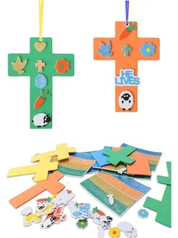 lot 63661 image: Fennoral 24 Pack Easter Cross Craft Kit for Kids Make You Own Cross Foam Stickers Ornament DIY Easter Arts and Crafts for Spring Party Supplies Easter Decoration - Retail $24