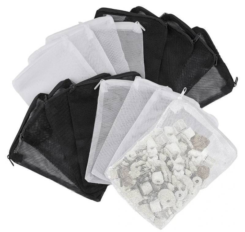 lot 63713 image: 16 Pcs Aquarium Filter Media Bags Extra Fine, 7.8 x 5.9 Inch Filter Media Bag with Zipper, White & Black Aquarium Mesh Bag for Fish Tank Activated Carbon, Ceramic Rings - Retail $8
