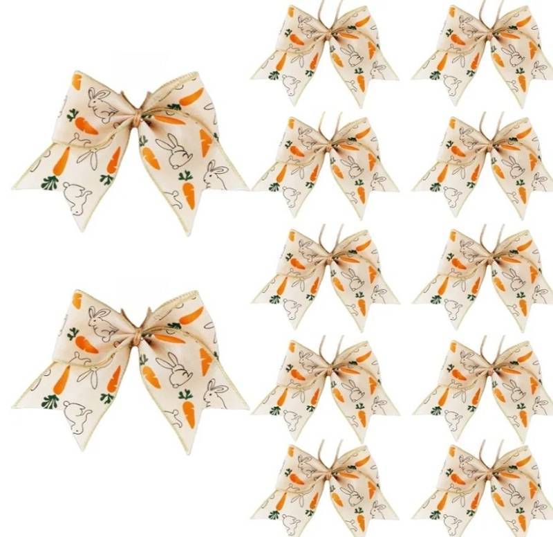 lot 63718 image: 11 Pcs 6 Inch Easter Bunny Carrot Bows, Premade Pastel Bows with Bunny & Carrot Pattern, Decorative Bows for Easter Baskets, Wreaths, Gift Wrapping, Tree Topper, Spring Party Decorations - Retail $10
