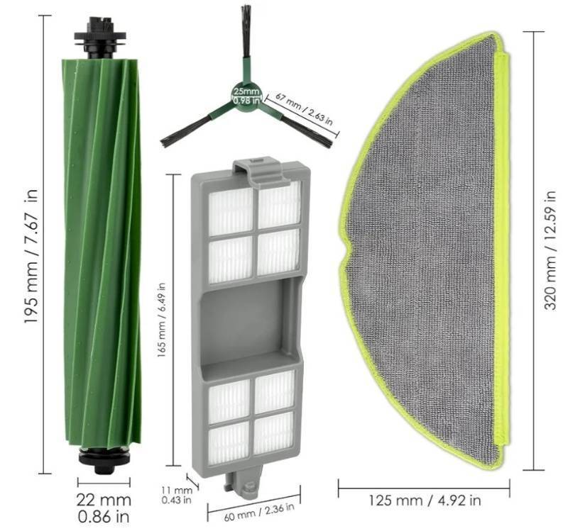 lot 63724 image: 7 Pack, 205 DustCompactor Vac Replacement Parts Compatible with iRobot 205 DustCompactor Vac Robot Vacuum, 1 Roller Brush, 2 Mop Pads, 2 Side Brushes, 2 HEPA Filters - Retail $19