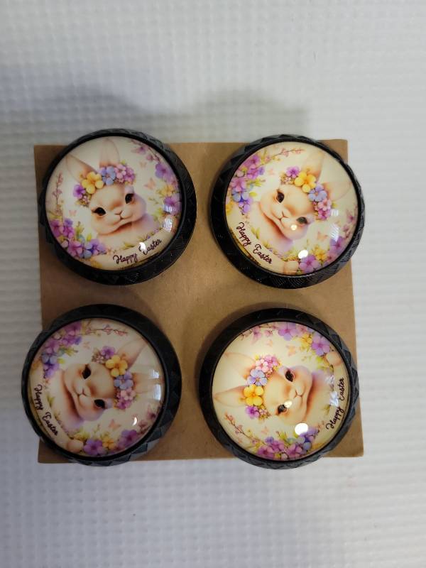 lot 63733 image: 4 Pack happy Easter Cabinet Knobs Round Drawer Pulls Black Dresser Knob Cupboard Door Handles Hardware for Kitchen Bathroom Cabinets - Retail $15