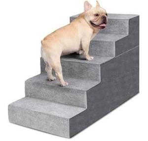 lot 38750 image: Dog Stairs for Small Dogs,5-Step Dog Steps for High Bed and Couch, High-Density Foam Pet Steps with Supporting Board, Non-Slip Removable Washable Cover, Grey - Retail $45