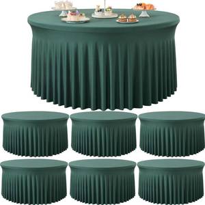 lot 38758 image: 6 Pack Hunter Green Spandex Round Tablecloths for 60 Inch Tables, Stretchy 120 Inch Fitted 5FT Cloths, Wrinkle-Free Cover With Skirt for Wedding, Birthday, Party, Banquet, Graduation - Retail $110