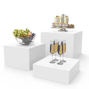 lot 38768 image: Buffet Risers, Food Risers for Buffet Table, Display Stand Shelf for Catering Dessert Collectibles Jewelry Figures Show, Acrylic Cube Display Nesting Risers with Hollow Bottoms 3PCS 8910. LARGEST IS CRACKED. - Retail $50