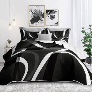 lot 38770 image: 3 Piece Black White King Size Quilt Striped Reversible Bedding Set - Retail $49