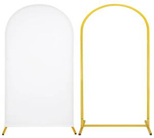 lot 38775 image: Metal Arch Stand and Cover Set,1 White Spandex Fitted Backdrop with 1 Gold Wedding Arched Stand Frame for Parties Birthday Baby Shower Bridal Banquet Decoration (7.2FT) - Retail $40