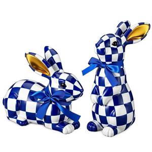 lot 38776 image: 2 Pcs Easter Blue and White Bunny Decorations Check Plaid Rabbit Statues Indoor Easter Gift for Spring Home Decorative Bunny Ornaments for Table Centerpiece Living Room Decor - Retail $36