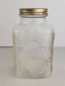 lot 65 image: Vintage Large Square Glass Peanut Butter Jar Ribbed Diamond Design