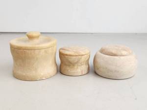 lot 77 image: Vintage Alabaster Stone Vanity Set Powder Jar and Ring Holders