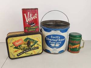 lot 124 image: Lot of 5 Vintage Tins and Containers Velvet Tobacco, Sharpes Rum & Butter Toffee, Swifts Silverleaf Lard, Lipton Kirbys Pepper