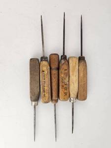 lot 127 image: 6-Piece Ice Pick Set with Wooden Handles H. Kesterson Ice Co Cold Storage Vintage Advertising