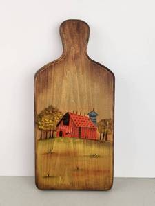 lot 136 image: Painted Wooden Cutting Board Red Barn Landscape B. Neal
